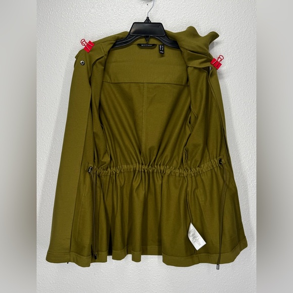 H by Halston Olive Green Moto Asymmetrical Jacket Large Full Zip Cinch Waist - Picture 2 of 8